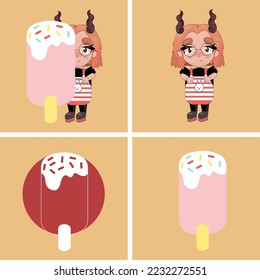 Conjunto de ilustraciones de carácter y helado dibujadas a mano.
