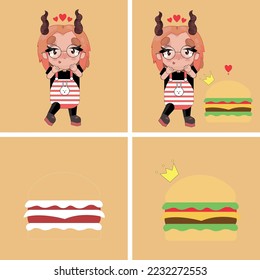 Conjunto de ilustraciones de carácter y hamburguesa dibujadas a mano 2.
