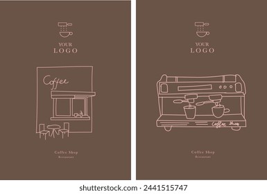 Set of hand drawn illustrations of Coffee Shop and Coffee Machine. Illustration for cover design, food package, menu, background, café wall, coffee shop, web banner. Design for coffee cups. 
