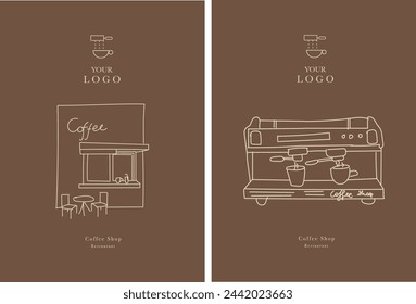 Set of hand drawn illustrations of Coffee Shop and Coffee Machine. Illustration for cover design, food package, menu, background, café wall, coffee shop, web banner. Design for coffee cups. 