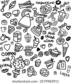 set of hand drawn illustrations of coffee shop doodle for various designs