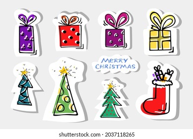 Set of hand drawn illustrations with colorful gifts decorated with Christmas trees, stars and a gift sock. Lettering Merry Christmas for sticker, print, poster, card design. Vector illustration with