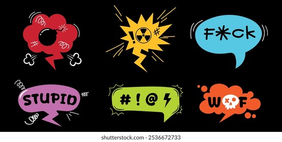 Set of hand drawn illustrations of colorful cloud bubbles, swearing, cursing on black background