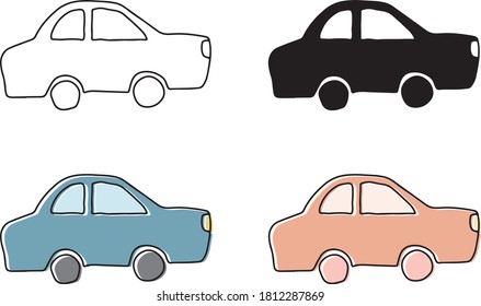 Set of hand drawn illustrations of cute cars