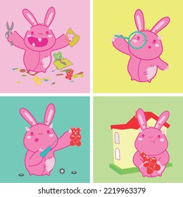 Set of hand drawn illustrations of cute rabbit playing in full color.