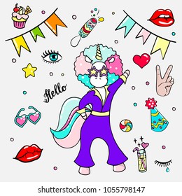 Set of hand drawn illustrations of a dancing unicorn and different party attributes