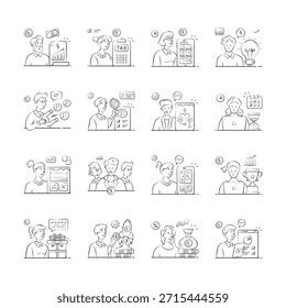 Um conjunto de ilustrações desenhadas à mão descrevendo vários processos de negócios e cenários de colaboração.