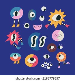 Set Of Hand Drawn Illustrations Of Different Cartoon Eyes. Halloween Clip Art With Weird, Spooky Eyes With Legs And Decorative Elements.