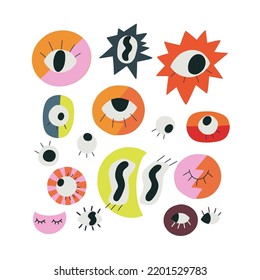 Set Of Hand Drawn Illustrations Of Different Cartoon Eyes. Halloween Clip Art With Weird, Spooky Eyes With Funny Colorful Decorative Elements.