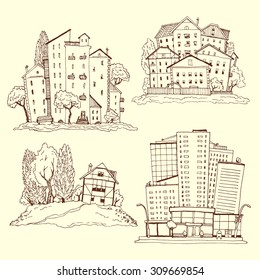 Set hand drawn illustrations of different houses. homes of various architectural styles. silhouettes of different urban landscape and village