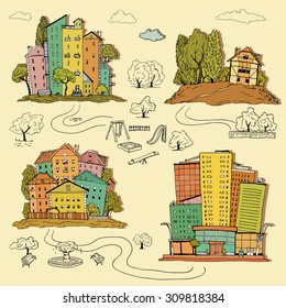 Set hand drawn illustrations of different houses. homes of various architectural styles. silhouettes of different urban landscape and the village