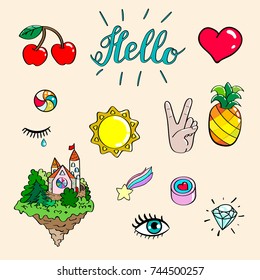 Set of hand drawn illustrations of different 80-90s attributes. Vector isolated illustration.