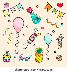 Set of hand drawn illustrations of different party attributes. Vector isolated illustration