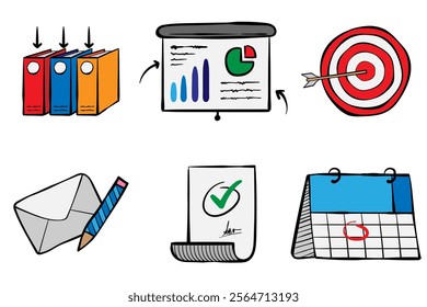 Set of hand drawn illustrations elements with a business theme for presentation, web, graphic design, or icon needs 