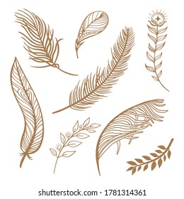 Set of hand drawn illustrations of feathers and twigs. design in trendy minimalistic style. illustration for flash tattoo, sticker, patch or print design