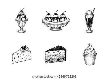 A set of hand drawn illustrations featuring ice cream sundaes banana splits milkshakes cheesecake cake slices and soft serve ice cream