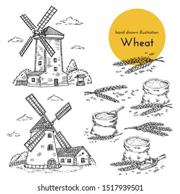 set of hand drawn illustrations of flour and wheat. sketches for the design of cafes, restaurants, food packages. bread collection