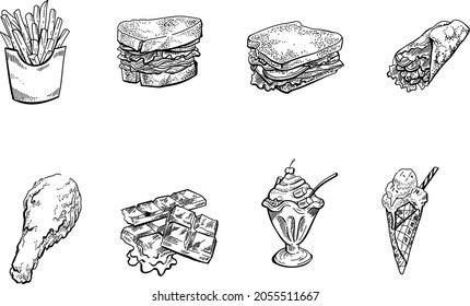 set of hand drawn illustrations of food