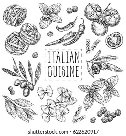 Set with hand drawn illustrations of food. Italian cuisine. Perfect for menu, cards, blogs, banners. vector illustration in vintage style