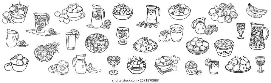 Set of hand drawn illustrations of fruits and cocktails . Vector ink hand drawn illustrations. Collection for invitations, posters, posters.