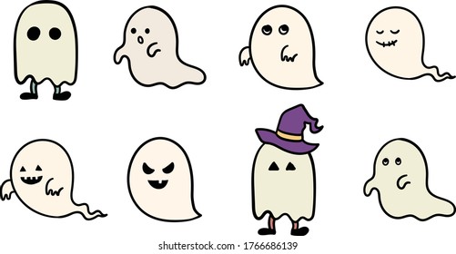 Set of hand drawn illustrations of ghosts