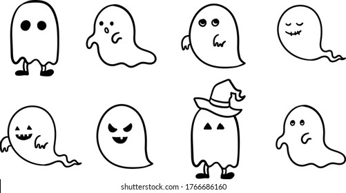 Set of hand drawn illustrations of ghosts