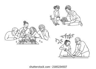 Set of hand drawn illustrations of grandchildren and grandparents spending time with each other