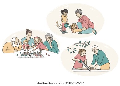 Set of hand drawn illustrations of grandchildren and grandparents spending time with each other