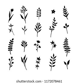 Set of hand drawn illustrations of green leaves, herbs and branches. Botanical clipart. Floral design elements. Perfect for wedding invitations, greeting cards, posters and more.