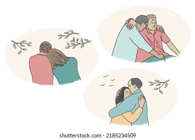 Set of hand drawn illustrations of grieving adults comforting each other