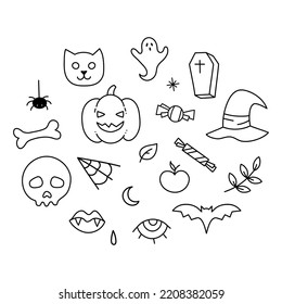 Set of hand drawn illustrations for Halloween Holiday. Doodle style icons on white background.