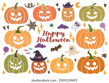 Set of hand drawn illustrations of Halloween pumpkins with scary faces wear witch hat. Collection of design elements for Halloween. Pumpkin, skull, spider, cat vampire, ghost.Halloween pumpkin lantern