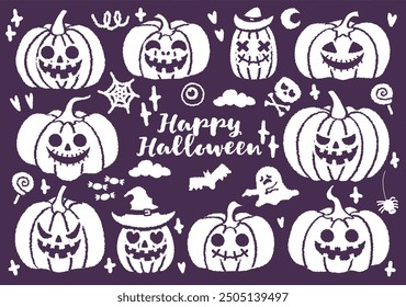 Handgezeichnete Illustrationen von Halloween Kürbissen mit gruseligen Gesichtern tragen einen Hexenhut. Kollektion von Designelementen für Halloween. Kürbis, Schädel, Spinne, Katzenvampir, Geist.Halloween Kürbis Laterne