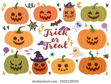 Set of hand drawn illustrations of Halloween pumpkins with scary faces wear witch hat. Collection of design elements for Halloween. Pumpkin, skull, spider, cat vampire, ghost.Halloween pumpkin lantern