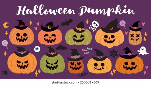 Set of hand drawn illustrations of Halloween pumpkins with scary faces wear witch hat. Collection of design elements for Halloween. Pumpkin, skull, spider, cat vampire, ghost.Halloween pumpkin lantern