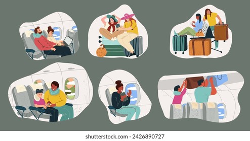 Set of hand drawn illustrations with happy airplane passengers, guy sleeping, girl, woman working at laptop, sitting at airplane window, clouds during flight, people with luggage in airport.