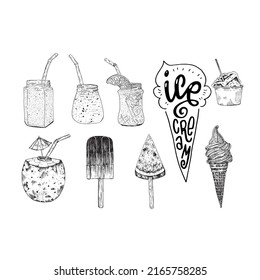 Set Of Hand Drawn Illustrations Of Ice Cream And Cold Drinks. Hand Lettering Inscription Ice Cream In Waffle Cone. Popsicle, Cocktail In Coconut, Frozen Yogurt, Watermelon, Lemonade, Smoothie