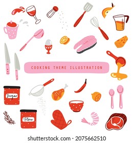 Set of hand drawn illustrations with kitchen tools and food. Cute hand drawn elements in red and pink colors.