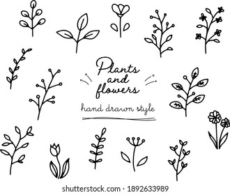 Conjunto de ilustraciones a mano de hojas y flores