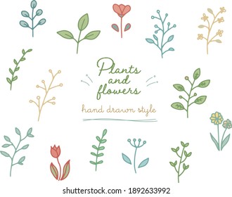 Set of hand drawn illustrations of leaves and flowers
