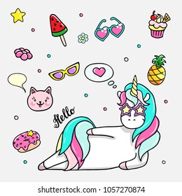 Set of hand drawn illustrations of a magic unicorn and different party attributes