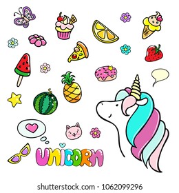 Set of hand drawn illustrations of a magic unicorn and sweets. Vector isolated illustration