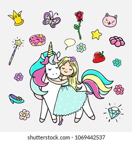 Set of hand drawn illustrations of a magic unicorn and different attributes