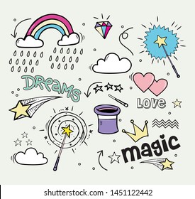 Set of hand drawn illustrations of a magic wand, diamond, dreams and other magic attributes.  Vector illustration 