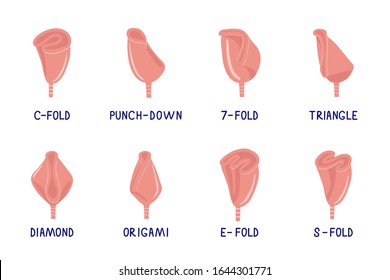 Set of hand drawn illustrations of menstrual cup folding methods. How to fold menstrual cup. Zero waste concept. Vector flat cartoon illustration