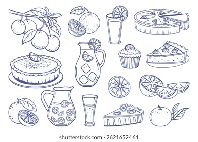 Set of hand drawn illustrations of oranges and orange desserts. Oranges, juice, orange  pie, cake, cupcake. Hand drawn sketch illustration.