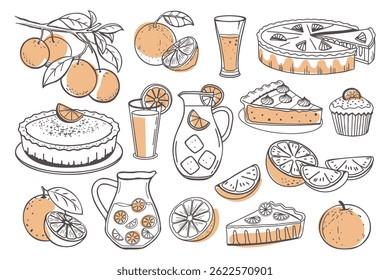 Set of hand drawn illustrations of oranges, juice and orange desserts. Oranges, juice, orange pie, cake, cupcake. Hand drawn sketch illustration.