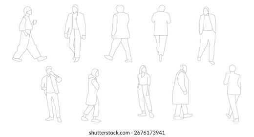 Conjunto de ilustraciones dibujadas a mano. personas perfilando de pie caminando hablando en la parte delantera, trasera y lateral.	