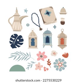 Set of hand drawn illustrations for Ramadan Kareem holiday. Islam, muslim religion concept. Isolated vector objects. Quran, prayer beads and palm leaves with flowers. Dallah coffee pot, lanterns. 