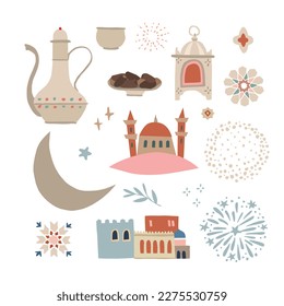 Set of hand drawn illustrations for Ramadan Kareem holiday. Islam, muslim religion concept. Isolated vector objects. Mosque with minaret tower, moon and fireworks. Coffee pot, date fruit, lantern. 